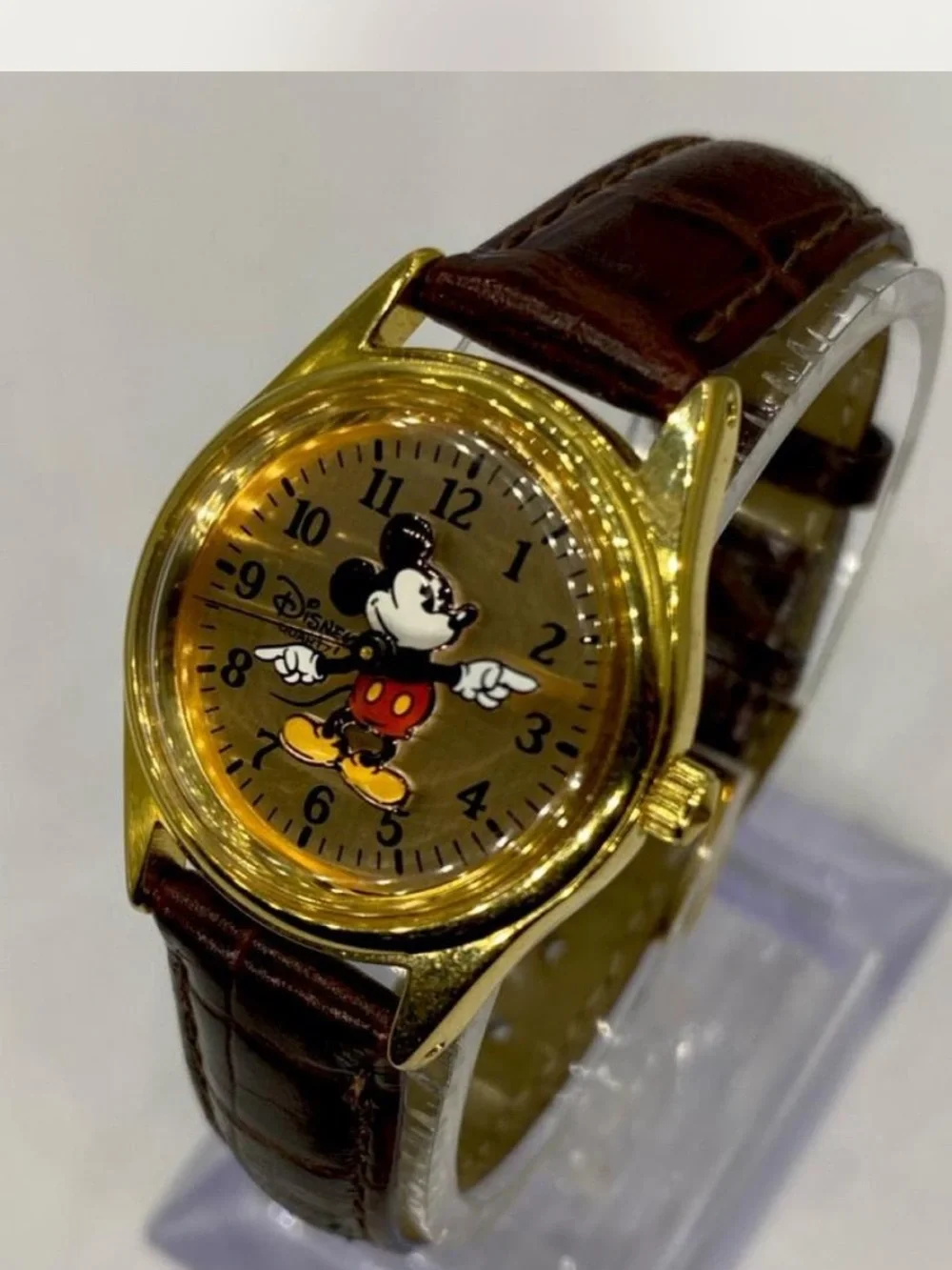 ^^^ Disney ***3d Mickey Mouse Gold Tone Watch” Tan Brown Leather Strap  ***